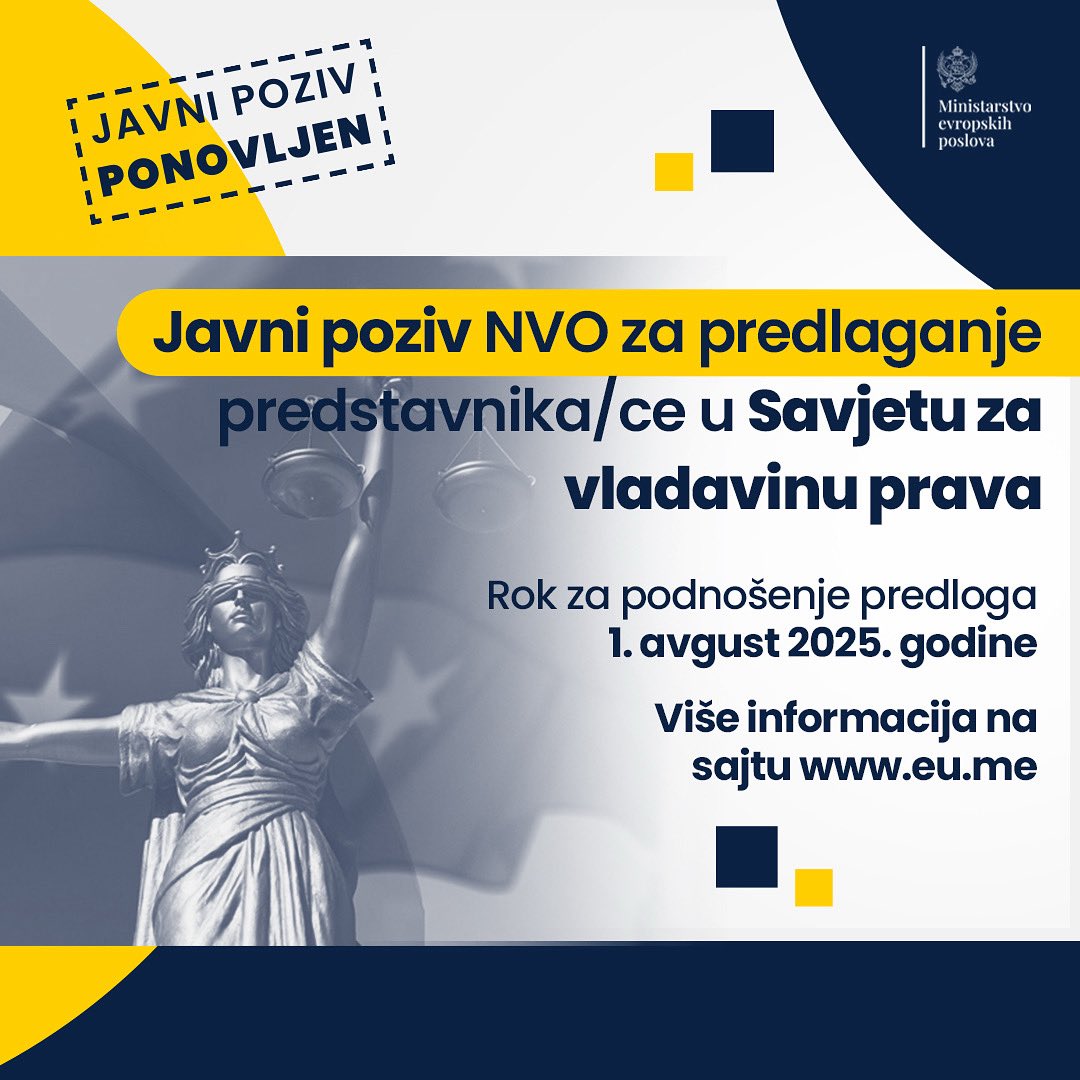 me4eu's tweet image. Javni poziv NVO za predlaganje predstavnika/ce za člana/icu Savjeta za vladavinu prava
👉 eu.me/javni-poziv-nv…
