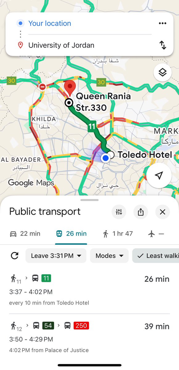Hazem Zureiqat (@hazem) on Twitter photo BRT and Amman Bus routes are now on Google Maps! A major leap for transit data accessibility in Jordan. Hats off to <a href="/hmassad/">Hani Massad</a> and the team!
خطوط الباص السريع وباص عمّان أصبحت الآن متاحة على مخططِّ رحلات خرائط جوجل. خطوة مهمة نحو تسهيل الوصول إلى خدمات النقل العام في الأردن. BRT and Amman Bus routes are now on Google Maps! A major leap for transit data accessibility in Jordan. Hats off to <a href="/hmassad/">Hani Massad</a> and the team!
خطوط الباص السريع وباص عمّان أصبحت الآن متاحة على مخططِّ رحلات خرائط جوجل. خطوة مهمة نحو تسهيل الوصول إلى خدمات النقل العام في الأردن.