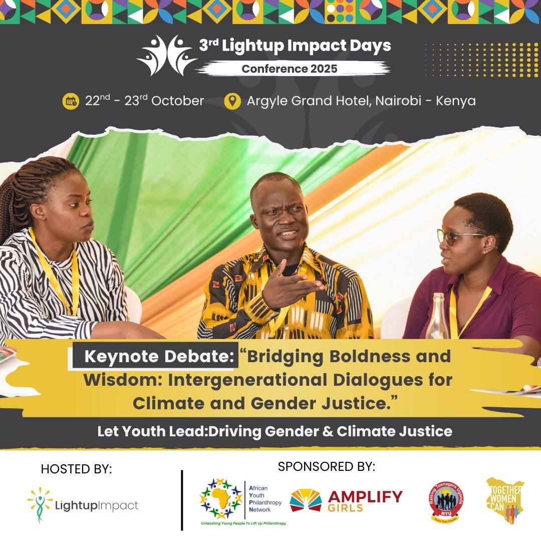 LightupImpact's tweet image. At #LightupImpactDays2025 we’re staging real conversations. One moment on our agenda is the Intergenerational Dialogue on Climate & Gender Justice that brings together youth & seasoned experts for constructive debate on climate & gender justice
Register bit.ly/3GJsah2