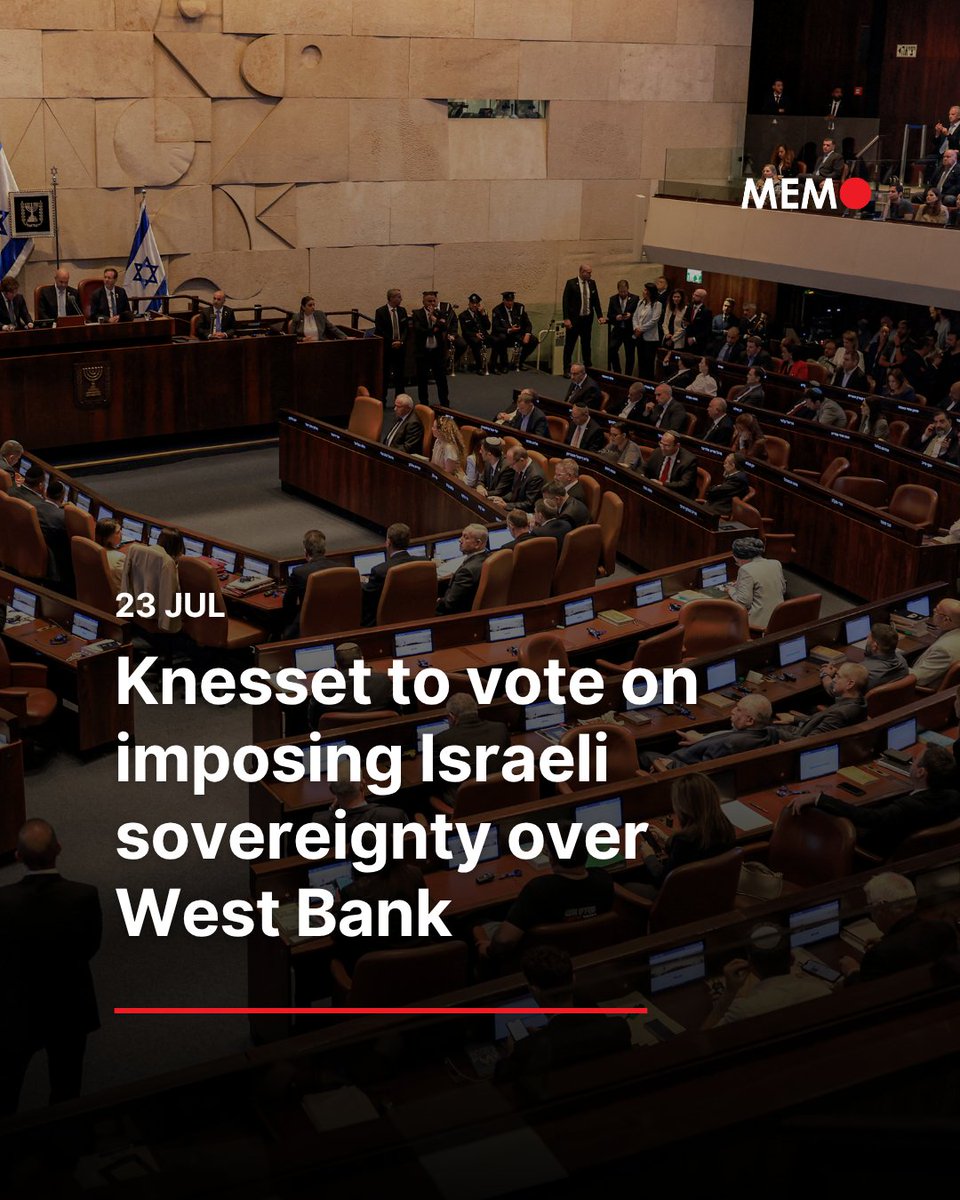 MiddleEastMnt's tweet image. The Knesset is scheduled to vote on Wednesday on a statement supporting the imposition of Israeli “sovereignty” over the occupied West Bank. The vote will take place at the end of its final session before the summer recess.
The move comes under a “proposal on the agenda”…