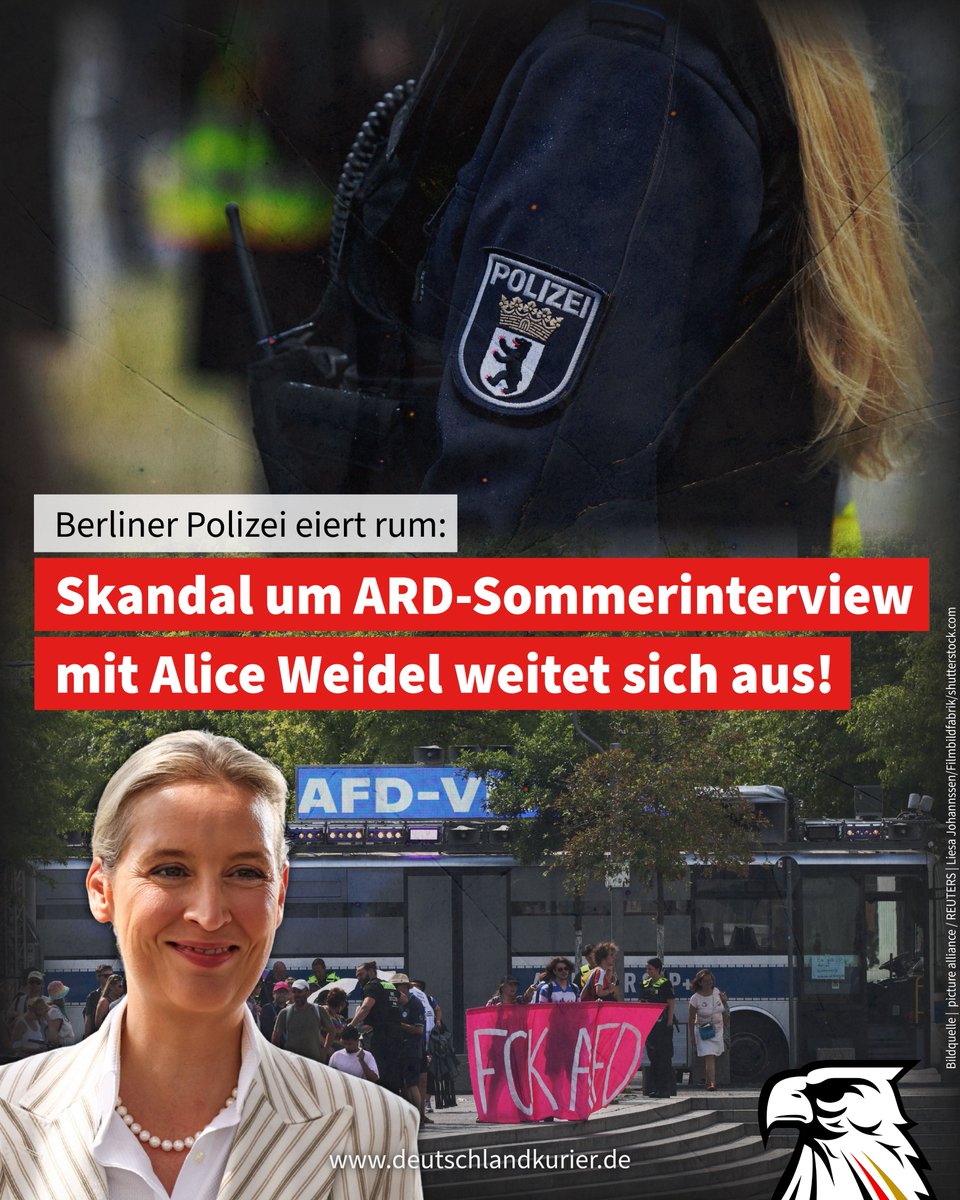 Deu_Kurier's tweet image. Berliner Polizei eiert rum: Skandal um ARD-Sommerinterview mit Alice Weidel weitet sich aus!
Es hat lange gedauert: Trotz insistierender Medienanfragen hat die Berliner Polizei stundenlang zu dem schweren Vorwurf geschwiegen, sie habe die massiven Störungen von…