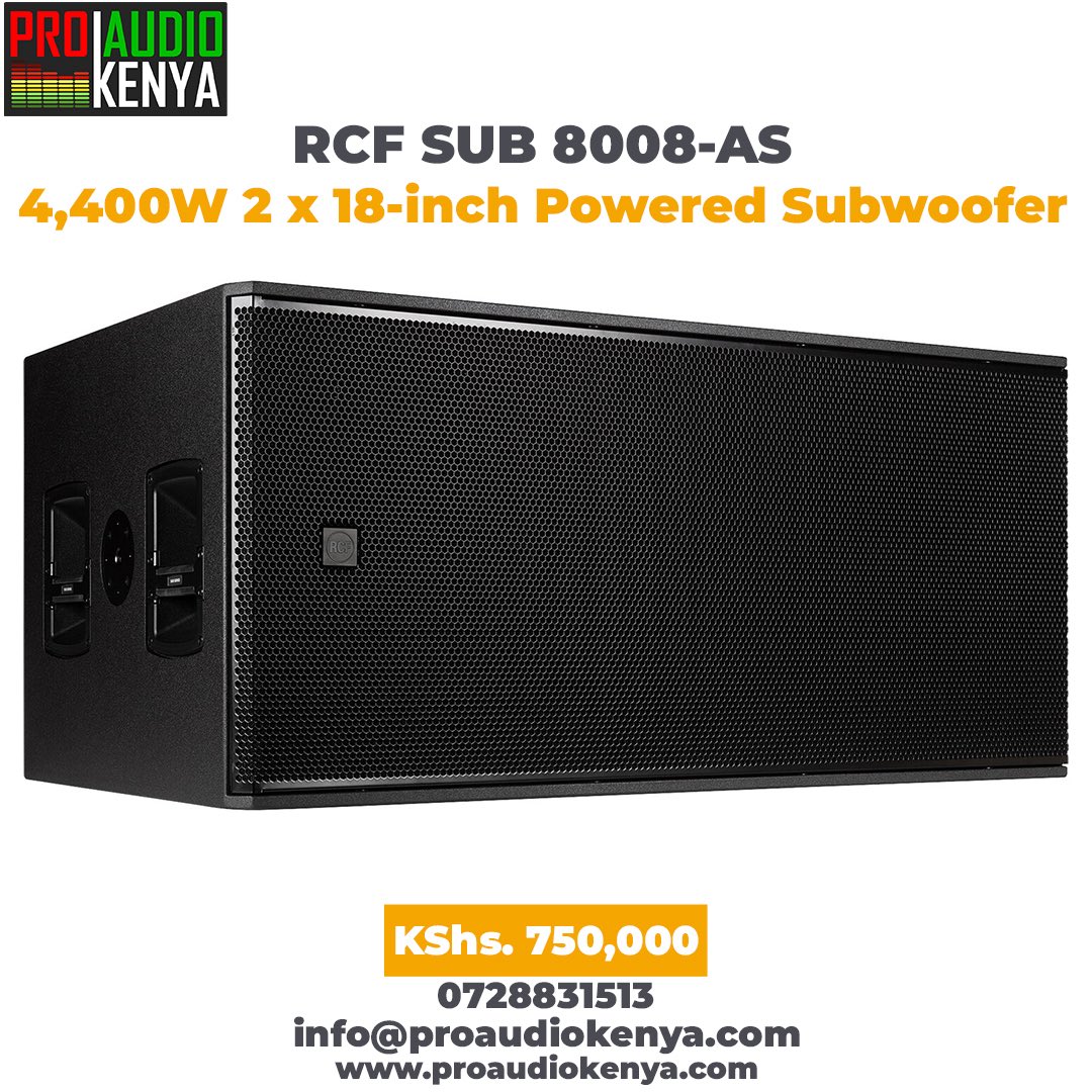 ProAudioKenya's tweet photo. Designed to complement any full-range PA speaker system, the RCF SUB 8008-AS is a dual 18" high-powered active subwoofer well suited for bands, DJs, clubs, touring companies, and rental houses. https://t.co/qK2ozpE1nu
