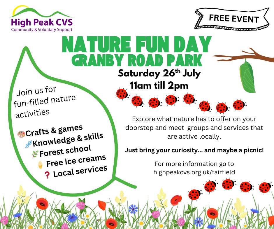 HighPeakBC's tweet image. Free - Nature Family Day event - Saturday 26 July, Granby Park Road, 11am - 2pm.
Come along and join us for fun-filled nature activities!