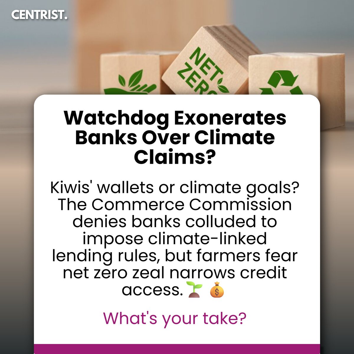 centrist_nz's tweet image. Commerce Commission clears NZ banks of collusion over net zero lending claims, but farmers’ concerns about credit access remain.
Read More: zurl.co/MBHIp