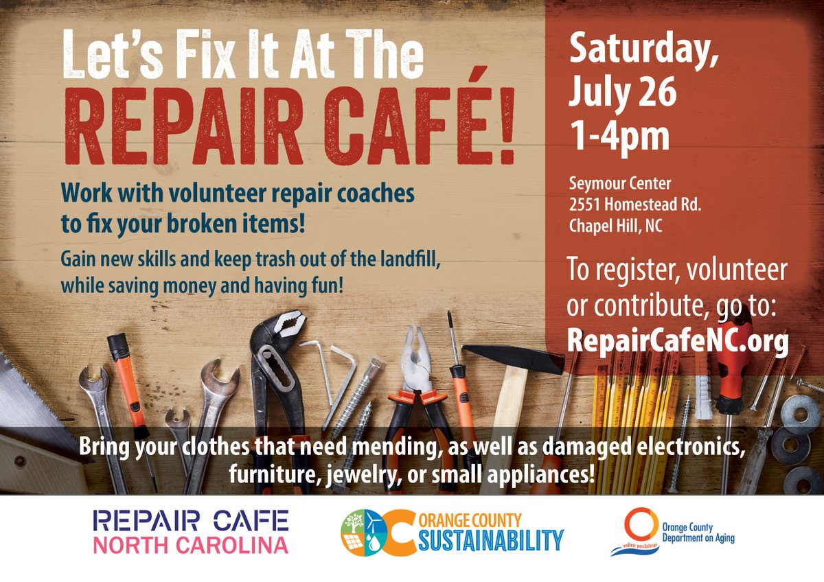 OCNCGOV's tweet image. Work with volunteer repair coaches to fix your broken items at the Repair Café on Saturday, July 26 from 1 to 4 pm at The Seymour Center at 2551 Homestead Rd., Chapel Hill. To register, volunteer, or contribute, go to: repaircafenc.org