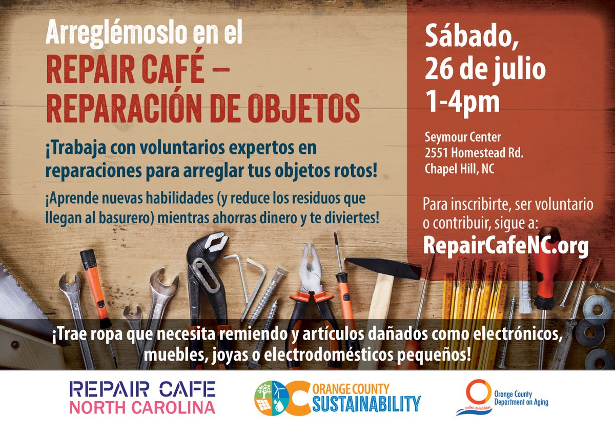 OCNCGOV's tweet image. Work with volunteer repair coaches to fix your broken items at the Repair Café on Saturday, July 26 from 1 to 4 pm at The Seymour Center at 2551 Homestead Rd., Chapel Hill. To register, volunteer, or contribute, go to: repaircafenc.org