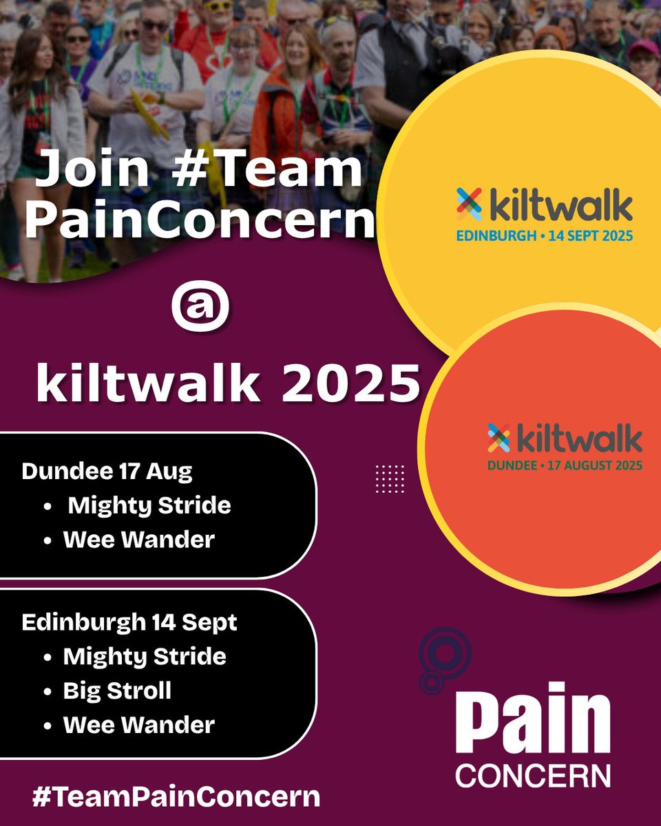 Pain Concern (@painconcern) on Twitter photo Join #TeamPainConcern for the 2025 #Kiltwalk!
📍Dundee – 17 Aug
📍Edinburgh – 14 Sept
Choose your distance & fund your own place or request a free charity spot 💜
✉️ fundraising@painconcern.org.uk
👉 thekiltwalk.co.uk/events
#ChronicPain #DoItForPainConcern Join #TeamPainConcern for the 2025 #Kiltwalk!
📍Dundee – 17 Aug
📍Edinburgh – 14 Sept
Choose your distance & fund your own place or request a free charity spot 💜
✉️ fundraising@painconcern.org.uk
👉 thekiltwalk.co.uk/events
#ChronicPain #DoItForPainConcern