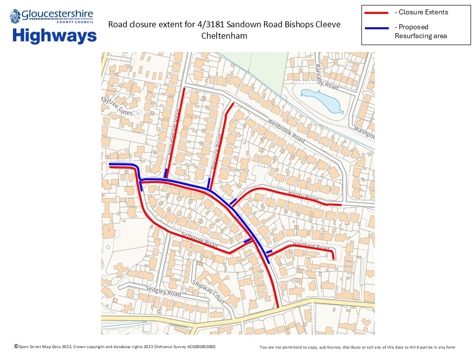 Sandown Road #Bishops Cleeve. Carriageway resurfacing. Works happening  25th - 31st July  (Excl W/Ends). A road closure will be in place 09:30 to 15:30 orlo.uk/yapg3