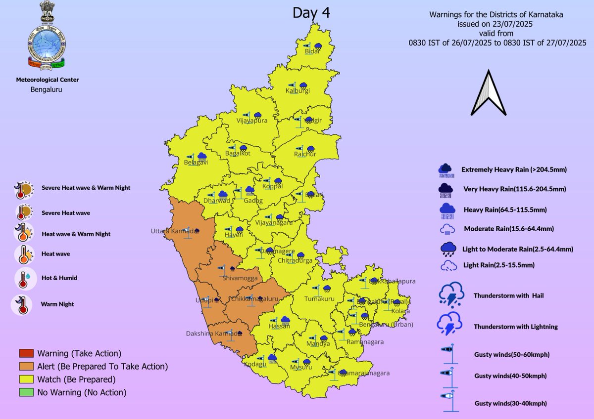 #ಕರ್ನಾಟಕ ರಾಜ್ಯದ ಮುಂದಿನ 5 ದಿನಗಳ #ಮಳೆ #ಮುನ್ಸೂಚನೆ ನಕ್ಷೆಗಳು, ಜಿಲ್ಲಾವಾರು ಎಚ್ಚರಿಕೆಗಳೊಂದಿಗೆ. ಮೂಲ: ಐಎಂಡಿ ಬೆಂಗಳೂರು. 
#KSNDMC #ಮುಂಗಾರುಮಳೆ #ಸುರಕ್ಷಿತವಾಗಿರಿ #ಎಚ್ಚರಿಕೆವಹಿಸಿ