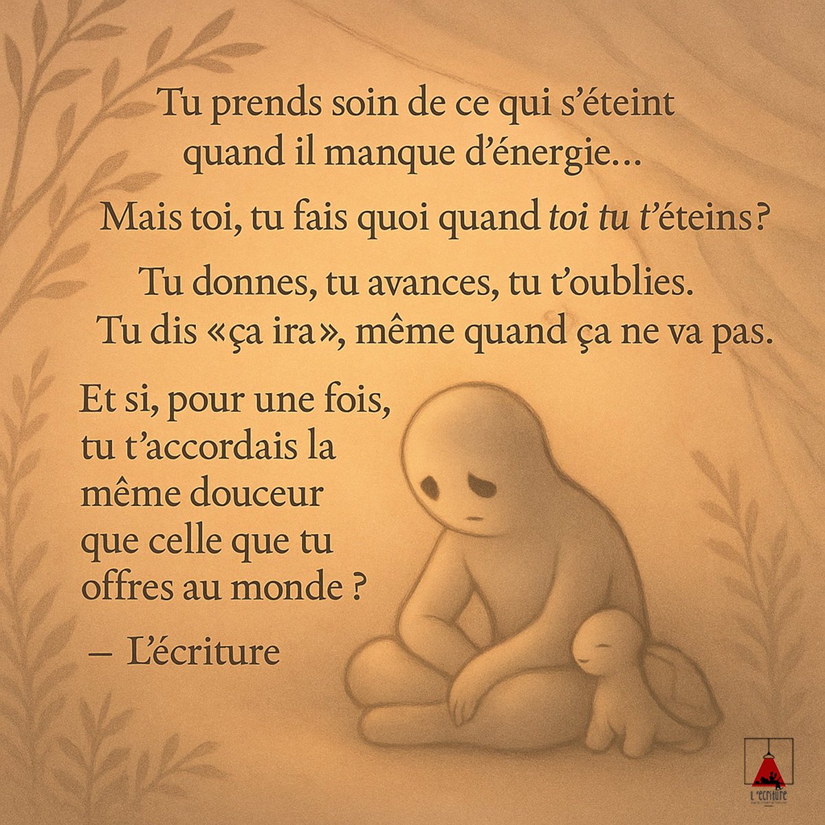 Ecriture2's tweet image. Et toi, tu t’arrêtes quand ?
Tu te demandes, parfois, si tu vas bien ?
Ce post est une petite pause pour toi.
Tu as le droit d’être aussi doux·ce avec toi-même
que tu l’es avec le monde.