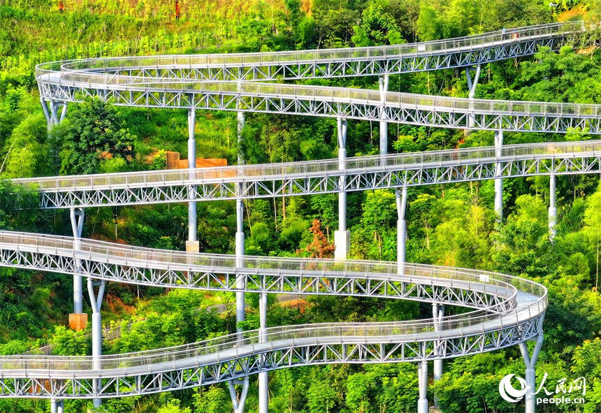 PDChina's tweet image. Wander through the forest canopy along the “floating forest corridor,” where a steel-grating walkway and insect-friendly lighting create an eco-friendly escape into nature in Chongyi County, east China’s Ganzhou City.