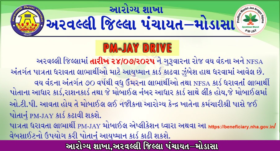 અરવલ્લી જીલ્લામાં આવતીકાલે તા. 24/07/2025 (ગુરુવાર) ના રોજ વય વંદના અને NFSA અંતર્ગત પાત્રતા ધરાવતા લાભાર્થીઓ માટે PM-JAY કાર્ડ બનાવવાની વિશેષ ડ્રાઈવ યોજવામાં આવશે.

લાભાર્થીઓએ પોતાના વિસ્તારની આશા બહેન,આરોગ્ય કર્મચારીશ્રી અથવા નજીકના આરોગ્ય કેન્દ્રનો સંપર્ક કરવો.🙏
<a href="/CollectorArv/">Collector & District Magistrate, Arvalli</a>