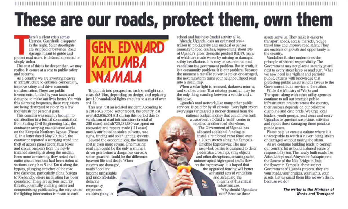 MoWT_Uganda's tweet image. #QUOTE: “These Are Our Roads, Own Them, Protect Them. Every guardrail stolen, every culvert vandalised is a step back for our economy. Let’s guard what we’ve built because these public assets are meant to serve us,” @GenWamala 🇺🇬
Via @newvisionwire .