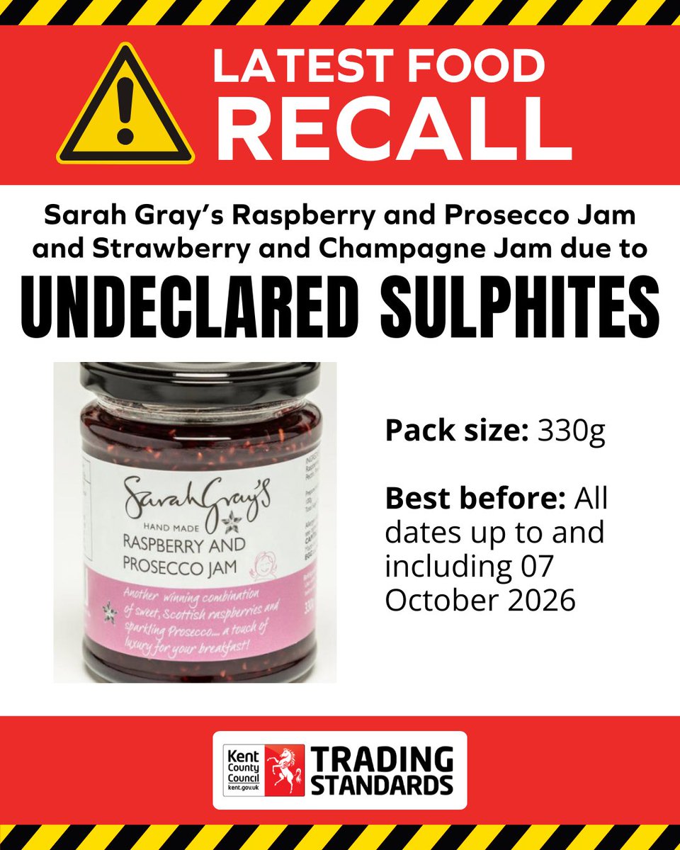 #AllergyAlert ⚠️ Sarah Gray’s recalls various Raspberry and Prosecco Jam and Strawberry and Champagne Jam because of undeclared sulphites.

This means the products are a possible health risk for anyone with a sensitivity to sulphur dioxide or sulphites.

🔴Product Details
Sarah