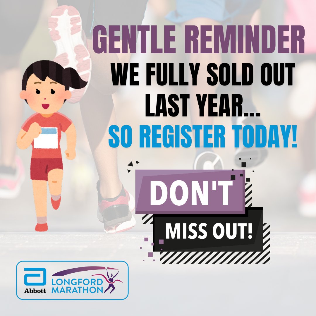 RunLongford's tweet image. Don't miss out! ⏰

We fully sold out last year, so make sure you register now to be part of this friendly event.

From our Ultra Marathon to the Streets of Longford 5K, there's something for everyone!

Register at longfordmarathon.com