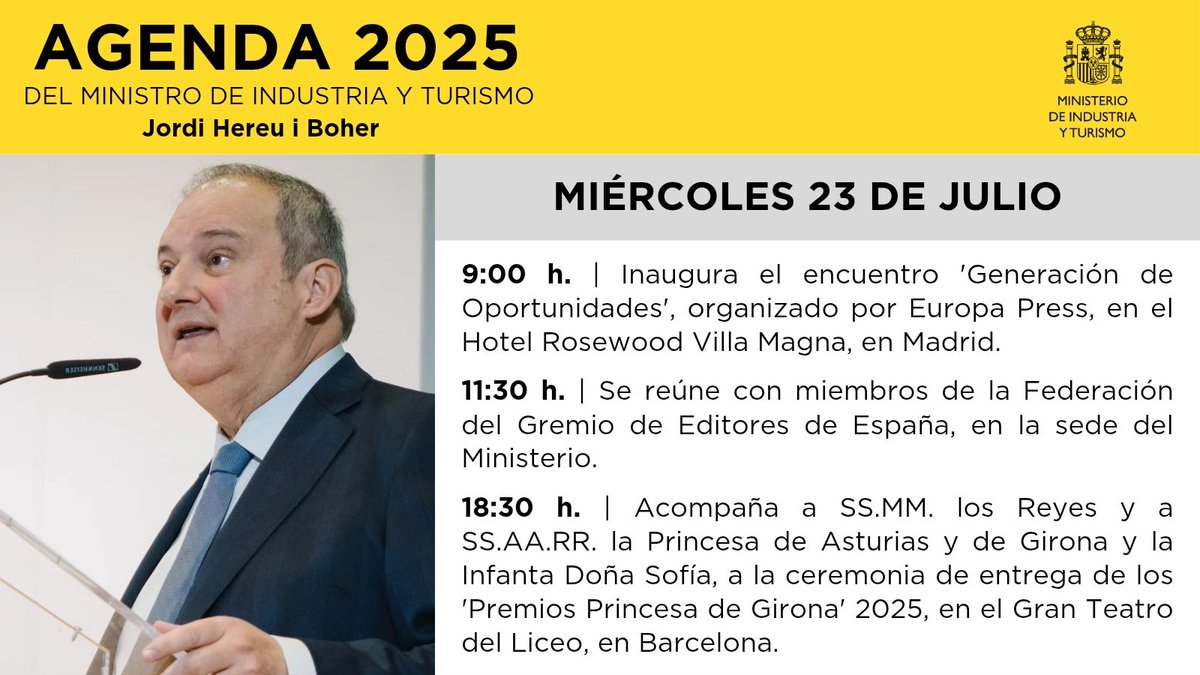 minturgob's tweet image. ¡Buenos días! 🗓 Agenda pública del ministro @jordihereub para este miércoles 23 de julio.