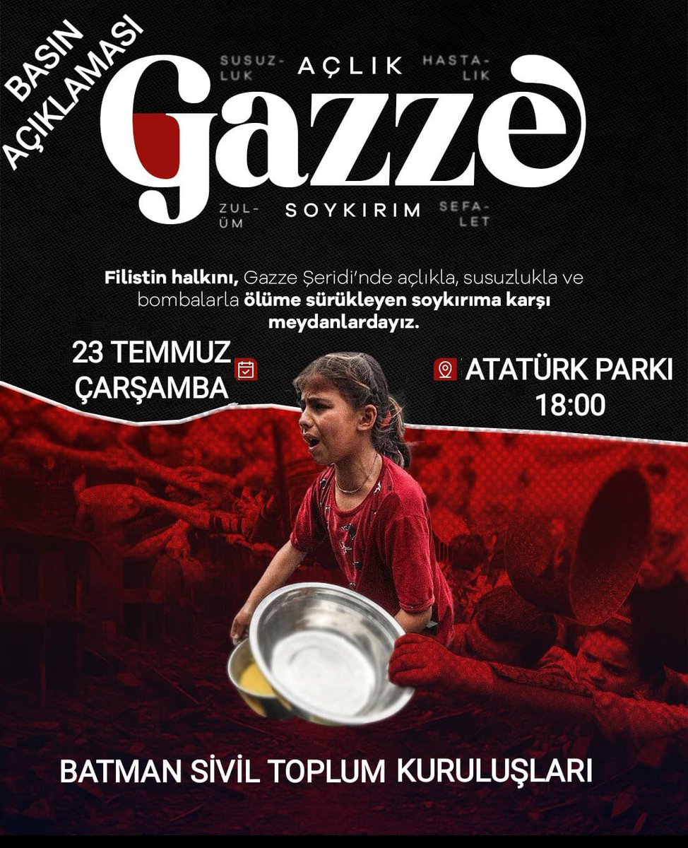 Şerefli Gazze halkını ceng meydanında dize getiremeyen siyonist çete Gazze halkını; açlık, susuzluk ve bombalarla dize getirmeye, direncini kırmaya, soykırıma tabi tutmaya devam ediyor... 

Yaşanan bu dramı protesto etmek ve Gazze halkının yanında olduğumuzu göstermek için