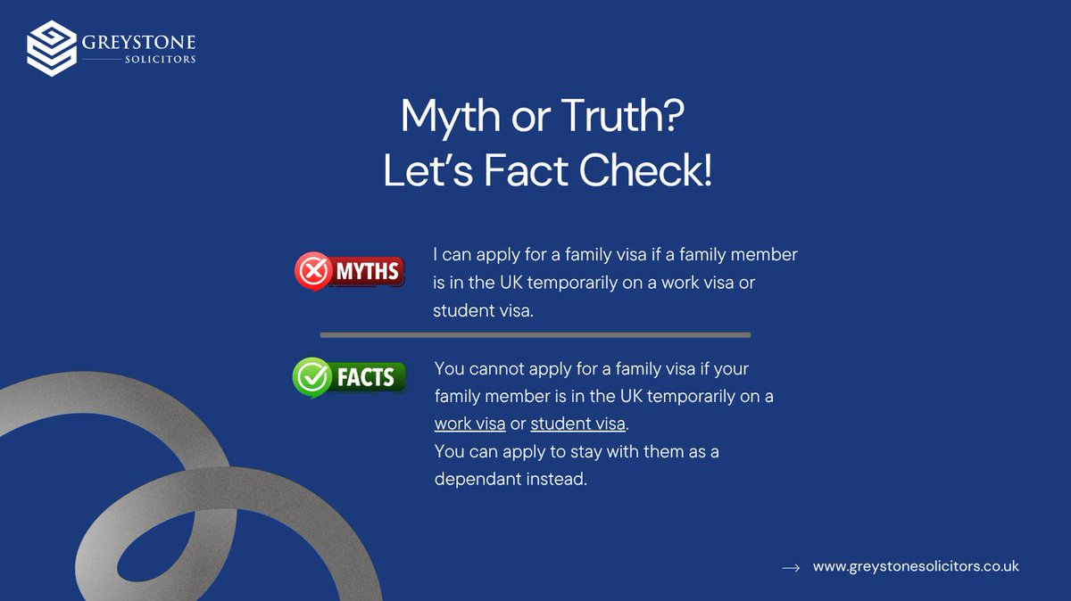 Myth Busting Wednesday

Can you apply for a family visa if your family member is in the UK on a work or student visa? Yes or No - Let us know!

Need clarity? Visit our Free Immigration Legal Clinic every Friday, 2:00pm –5:30pm at Greystone Solicitors. 

#ImmigrationMyths