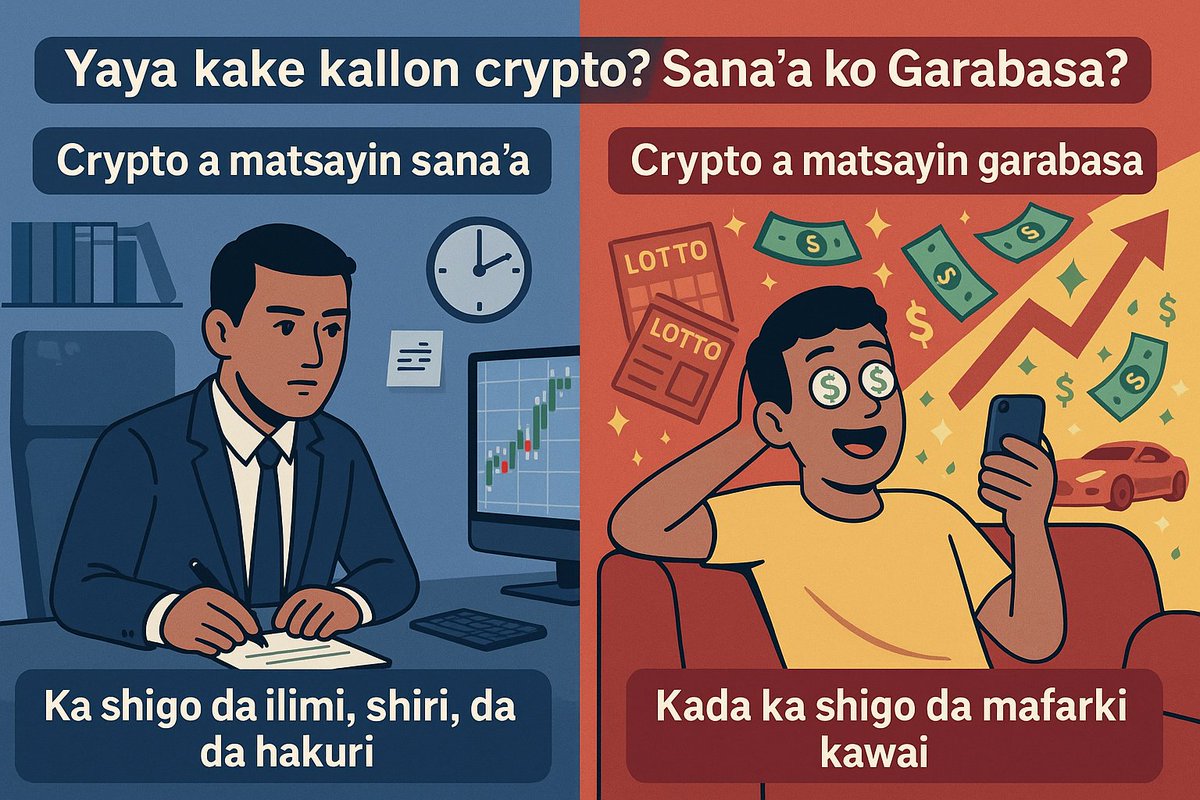MisilliWeb3's tweet image. #GM
Kada ka shiga crypto da tunanin sa’a ko arziƙi nan take. Crypto kamar kowace sana’a ce — tana buƙatar ilimi, hakuri, da shiri. Idan ka dauketa a matsayin kasuwanci, zaka fi kaucewa asara. Amma idan ka shiga da mafarki, asara zata fara tararka.
#CryptoHausa #Web3 #IlmiDaCrypto