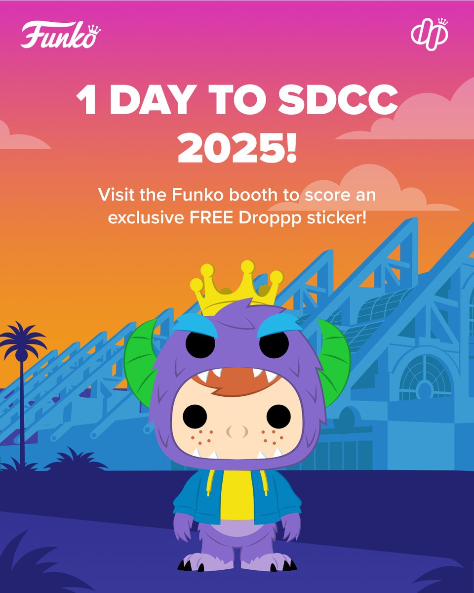 Dropppio's tweet image. Hey, SDCC friends!
Come over to the Funko booth starting tomorrow to get a FREE SDCC '25 Droppp Sticker and be entered for a pack giveaway! This exclusive digital sticker comes in two rarities — Common and Rare — and can only be found at the event! Claim a sticker between July…