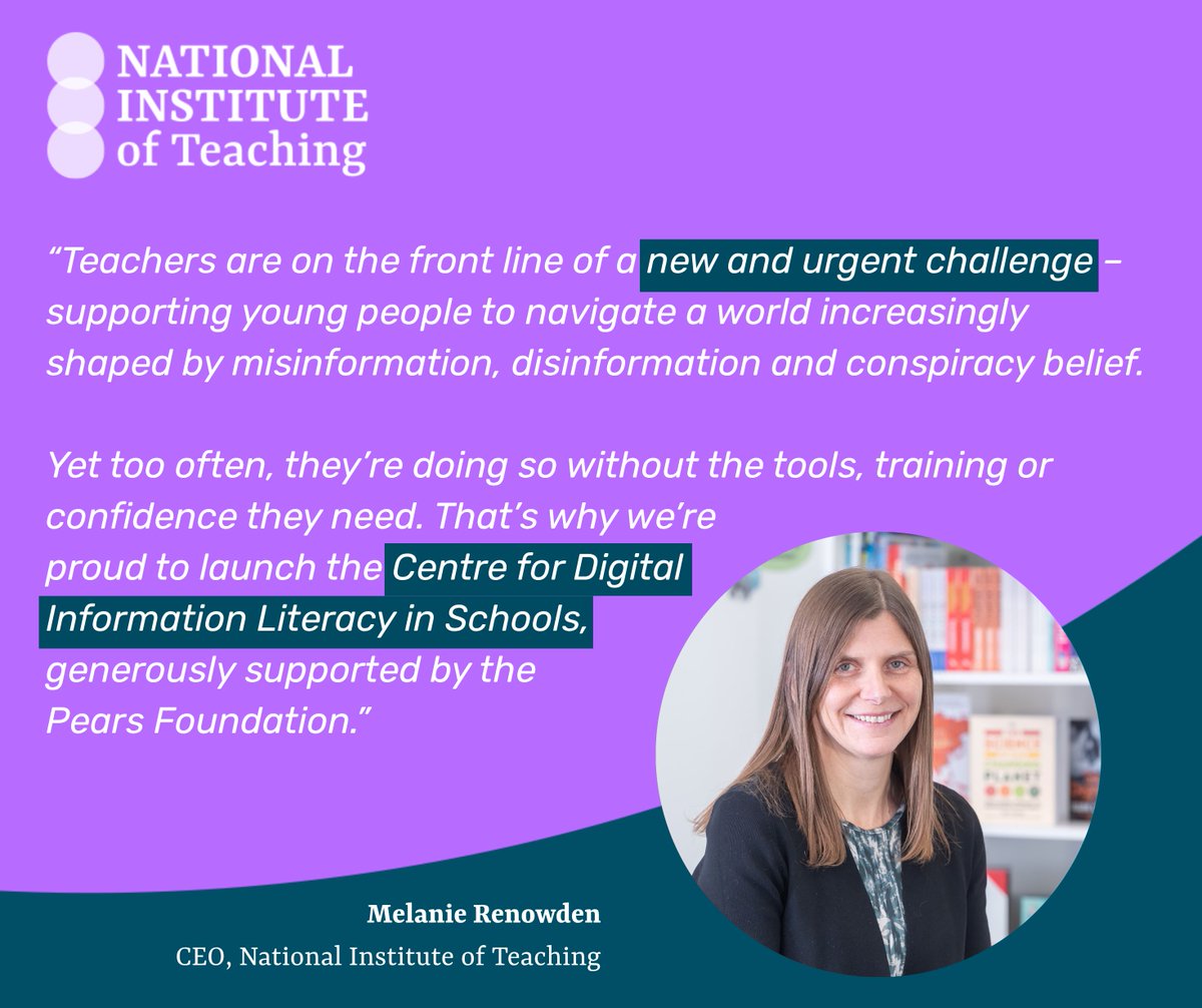 NatInstTeaching's tweet image. We're taking on a myth-busting challenge to combat online misinformation, disinformation and conspiracy belief in schools! 🥊
Our new Centre for Digital Information Literacy in Schools will embed critical thinking, psychological insight and media literacy across teacher…