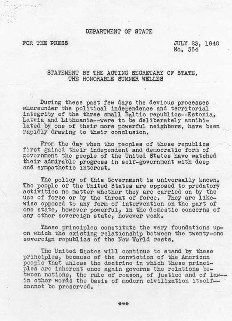 USEmbassyRiga's tweet image. Pirms 85 gadiem ASV izdeva Velsa deklarāciju, atsakoties atzīt Padomju okupāciju Latvijā, Lietuvā un Igaunijā. Šodien Baltijas valstis ir priekšzīmīgas sabiedrotās un nelokāmas aizstāves brīvībai, par kuras atgūšanu cīnījās. #WellesDeclaration #StrongerTogether