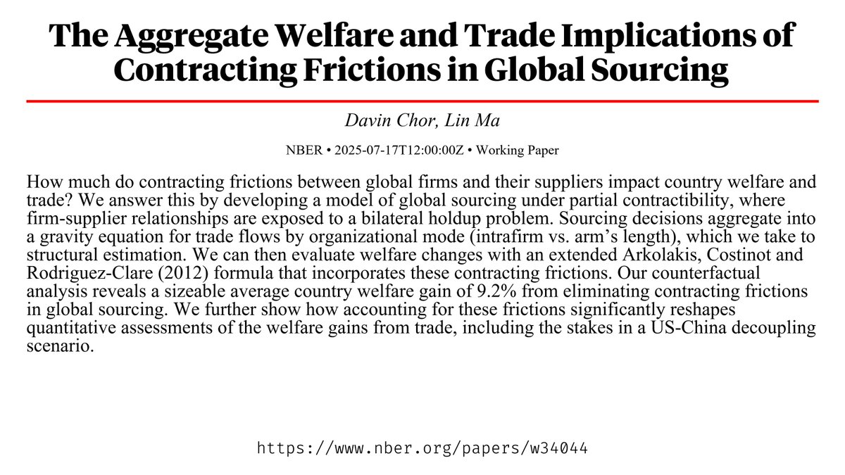 CapybaraPapers's tweet image. The Aggregate Welfare and Trade Implications of Contracting Frictions in Global Sourcing nber.org/papers/w34044