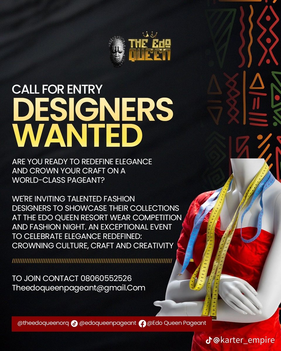 _dikeprosper's tweet image. Designers in Edo state, this is for you. Be a part of The Edo Queen and showcase your brand.
#TheEdoQueen2025
Please Repost π
Shout-out to Karter Empire ππ€