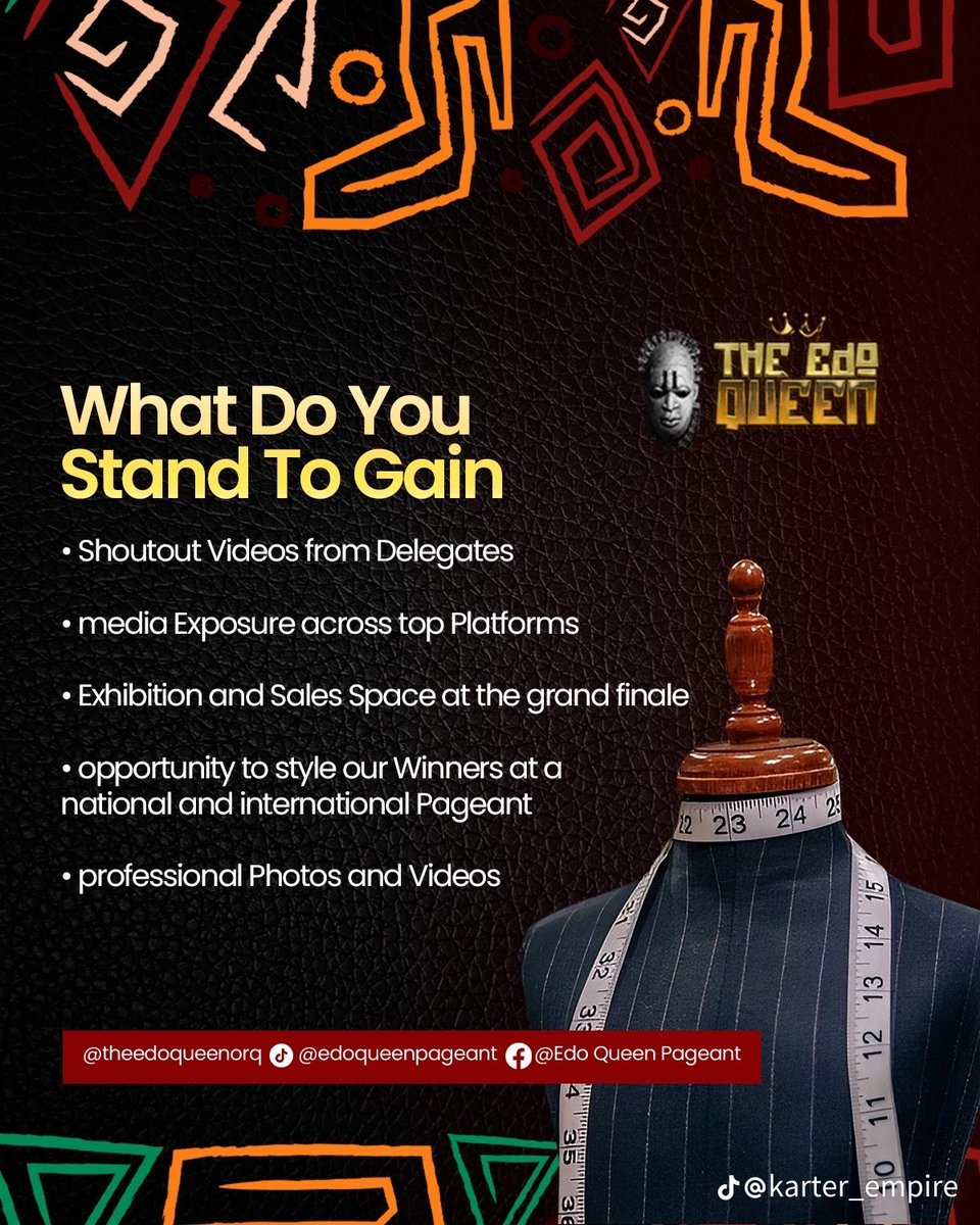 _dikeprosper's tweet image. Designers in Edo state, this is for you. Be a part of The Edo Queen and showcase your brand.
#TheEdoQueen2025
Please Repost π
Shout-out to Karter Empire ππ€