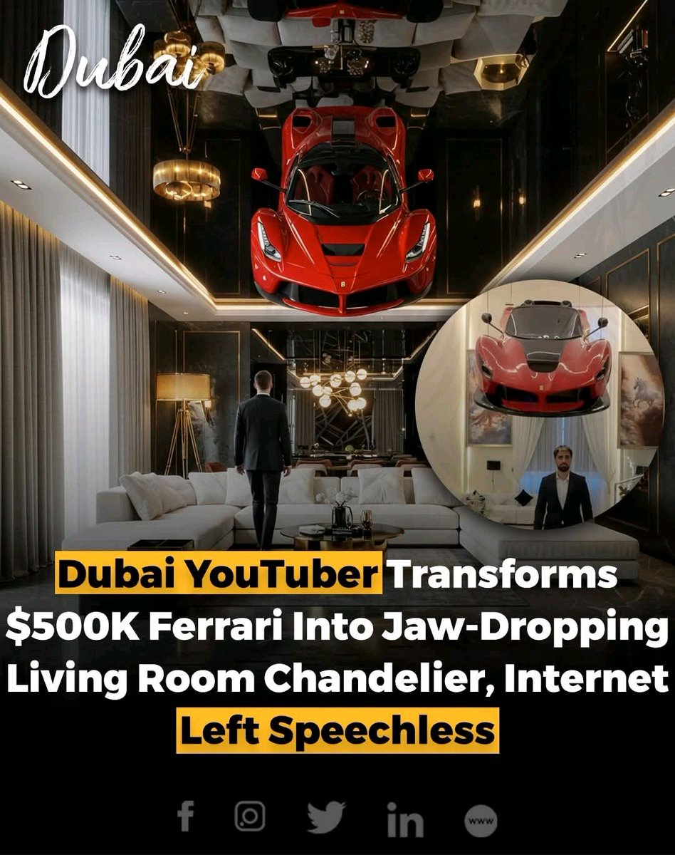 digismarties's tweet image. Ever wanted to turn a $500,000 Ferrari into... a chandelier? This Dubai YouTuber has just done it, stunning the internet! 🤩 Would you dare take such a bold design step? #FerrariChandelier #LuxuriousLiving #DubaiCreativity