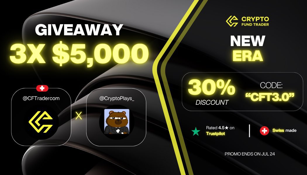 ๐๐
ด๐
ฐ $ ๐
ป๐๐
ท ๐๏ธ (@cryptoplays_) on Twitter photo Giveaway x 30% discount promo ๐
3 x $5000 challenge accounts
โข Like / Rt
โข follow :
- <a href="/CFTradercom/">Crypto Fund Trader</a>
- <a href="/CFTacademy/">CFT Academy</a>
- <a href="/CFTradercomES/">Crypto Fund Trader Espaรฑol</a>
- <a href="/CryptoPlays_/">๐๐
ด๐
ฐ $ ๐
ป๐๐
ท</a>
Additionally, Get 30% off all challenge accounts with code โ CFT3.0 โ - ends in 24 hours
- cryptofundtrader.com/?_by=wealth8 Giveaway x 30% discount promo ๐
3 x $5000 challenge accounts
โข Like / Rt
โข follow :
- <a href="/CFTradercom/">Crypto Fund Trader</a>
- <a href="/CFTacademy/">CFT Academy</a>
- <a href="/CFTradercomES/">Crypto Fund Trader Espaรฑol</a>
- <a href="/CryptoPlays_/">๐๐
ด๐
ฐ $ ๐
ป๐๐
ท</a>
Additionally, Get 30% off all challenge accounts with code โ CFT3.0 โ - ends in 24 hours
- cryptofundtrader.com/?_by=wealth8
