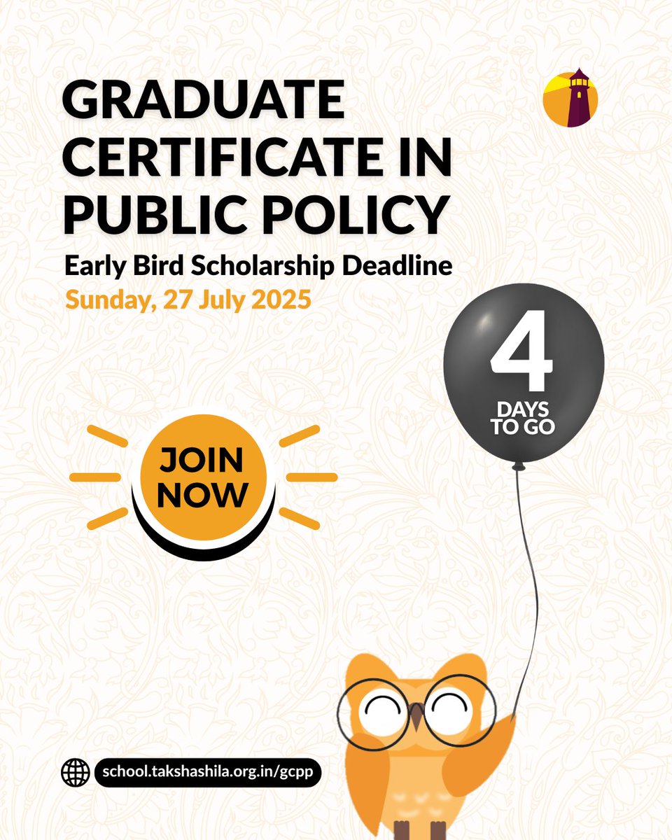 Early bird gets the scholarship! 🪱

Apply for the Graduate Certificate in Public Policy before Sunday and snag that early bird scholarship!

Only 4 days left: school.takshashila.org.in/gcpp