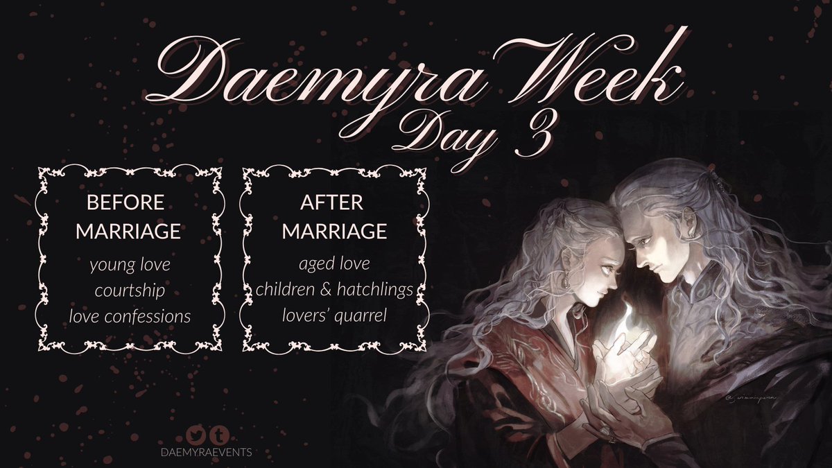 DAEMYRAEVENTS's tweet image. Today's themes for Daemyra Week are the two stages of their marriage. Don't forget to tag us @DAEMYRAEVENTS or use #daemyraweek25 to participate!
As usual, you can find more detailed prompts in our AO3 collection. archiveofourown.org/collections/da…