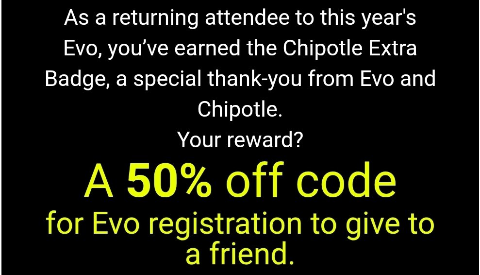 jonsf (@jonsf) on Twitter photo Does anyone have an spare Chipotle Extra Badge 50% off code for <a href="/Evo/">Evo</a> they're not using? 🙏 Does anyone have an spare Chipotle Extra Badge 50% off code for <a href="/Evo/">Evo</a> they're not using? 🙏