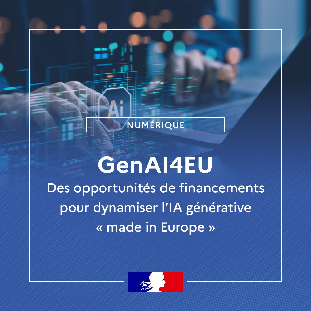 DGEntreprises's tweet image. #IA | GenAI4EU : des opportunités de financements pour dynamiser l'IA générative « made in Europe ».
GenAI4EU est une initiative de la Commission européenne qui regroupe plus de 30 appels à projets consacrés au développement de l’IA générative. Ils bénéficient d'une enveloppe…