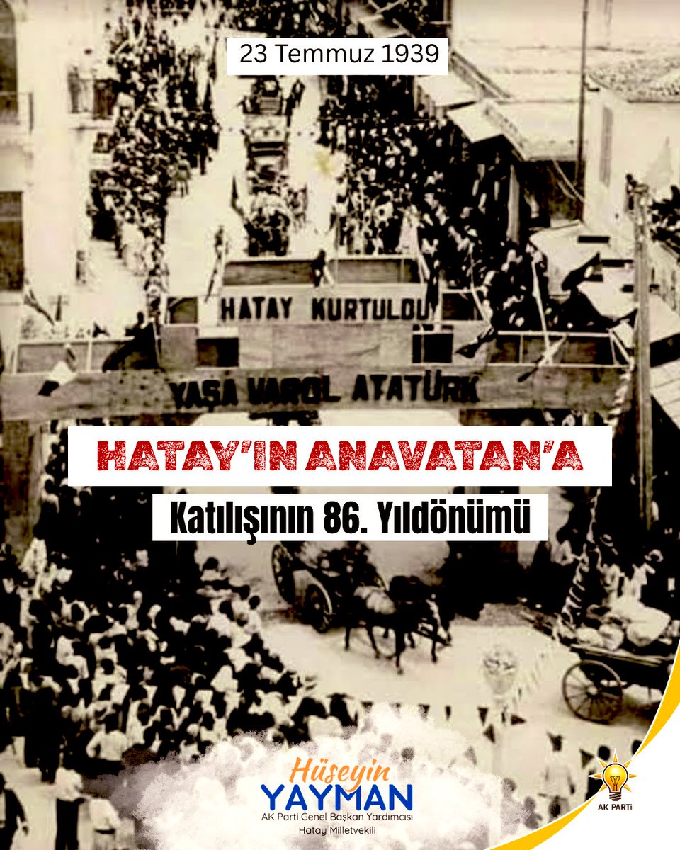 HuseyinYayman's tweet photo. 86 yıl önce bir milletin yüreği Hatay’da attı🇹🇷
Emperyalistler tarafından milletimizin  bağrından koparılan bir parça, iradesiyle yeniden ana vatanla buluştu.

Bu tarih, sadece bir sınır değişikliği değil; inançla, kararlılıkla yazılmış bir bağımsızlık destanıdır.

Başta Gazi Mustafa Kemal Atatürk ve Hatay Cumhurbaşkanı #TayfurSökmen olmak üzere, bu milli davada emeği geçen tüm kahramanlarımızı ve vatan toprağı uğruna şehit düşen azizlerimizi rahmetle, minnetle anıyorum.

Hatay, sadece bir şehir değildir.
Hatay; kardeşliğin, direnişin, kadim kültürlerin ve vatan sevgisinin adıdır.

Biz bu toprağa sadece doğmadık, bu toprakla büyüdük, bu toprakla bütünleştik.

Ve ne yazık ki…
6 Şubat’ta kalbimiz yerinden söküldü.
Evlerimiz,
Camilerimiz,
Tarihimiz ve 
Hatıralarımız yok oldu. 
Ama umutlarımız değil…
Çünkü biz biliyoruz ki:

Hatay küllerinden yeniden doğar.
Hatay pes etmez!
Hatay yalnız değildir!

Bizler bu şehri yeniden ayağa kaldıracak, geçmişin emanetine sahip çıkacağız.

Çünkü #Hatay;
Türk milletinin şahsi meselesidir. 🇹🇷