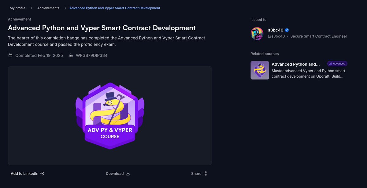s3bc40 (@s3bc40) on Twitter photo Huge shoutout for <a href="/CyfrinUpdraft/">Cyfrin Updraft 🟩</a> UX with the badges and the ease to add our certification to LinkedIn from our Cyfrin Profile!
It really is something helpful to display our achievements!
Thanks 🙏 Huge shoutout for <a href="/CyfrinUpdraft/">Cyfrin Updraft 🟩</a> UX with the badges and the ease to add our certification to LinkedIn from our Cyfrin Profile!
It really is something helpful to display our achievements!
Thanks 🙏