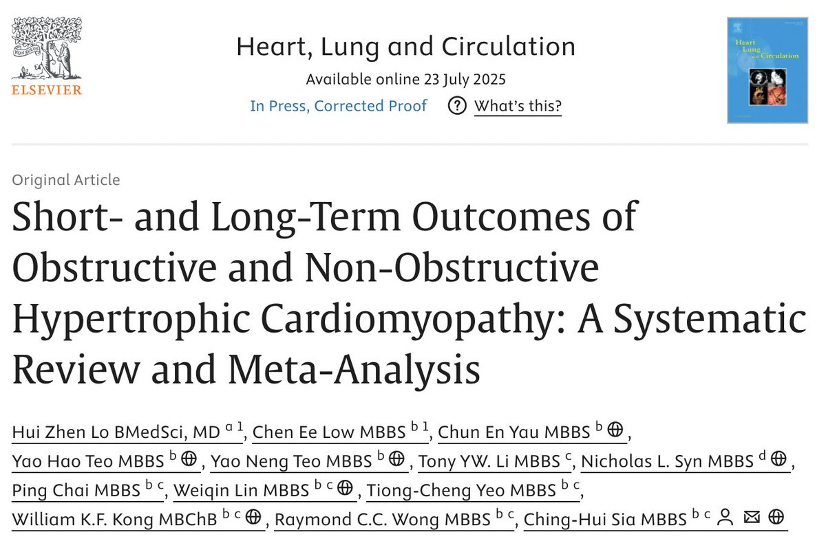 Ching-Hui SIA (@chinghuisia) on Twitter photo New meta-analysis of 52,000+ patients with hypertrophic cardiomyopathy (HCM):
🔹 SCD risk higher in HOCM (RR 1.69)
🔹 But NOCM had higher incidence of all-cause, HCM-related death, and SCD
🔹 HF deaths more common in HOCM
HCM risk is phenotype-specific.
<a href="/NUHCS/">NUHCS - National University Heart Centre,Singapore</a> <a href="/NUSMedicine/">Yong Loo Lin School of Medicine</a> New meta-analysis of 52,000+ patients with hypertrophic cardiomyopathy (HCM):
🔹 SCD risk higher in HOCM (RR 1.69)
🔹 But NOCM had higher incidence of all-cause, HCM-related death, and SCD
🔹 HF deaths more common in HOCM
HCM risk is phenotype-specific.
<a href="/NUHCS/">NUHCS - National University Heart Centre,Singapore</a> <a href="/NUSMedicine/">Yong Loo Lin School of Medicine</a>