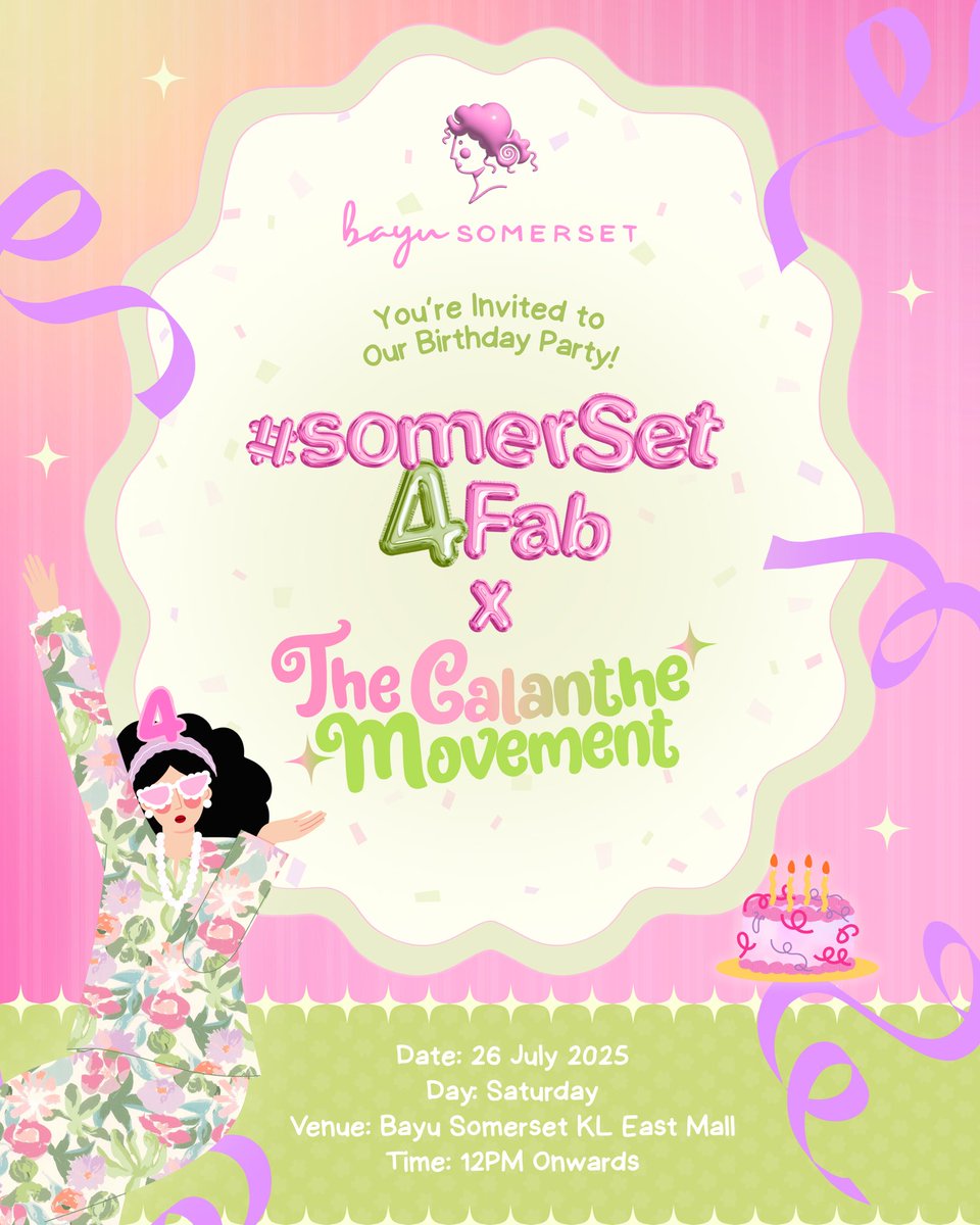 Not your average party. Not for everyone.
#somerSet4Fab x The Calanthe Movement

If you know, you know! — RSVP now 💌 
🔗 forms.gle/vW1MCDaZvFMKF3…

📍 Bayu Somerset, KL East Mall 
🗓 26 July (Saturday)
🕛 12PM