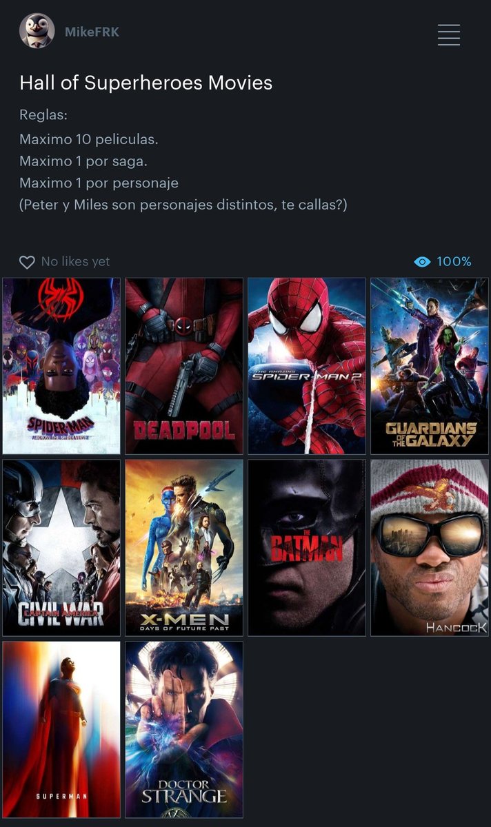 Me flipa la idea, aqui el mio pero no se pueden repetir personajes tampoco, para hacerlo mas interesante 😈