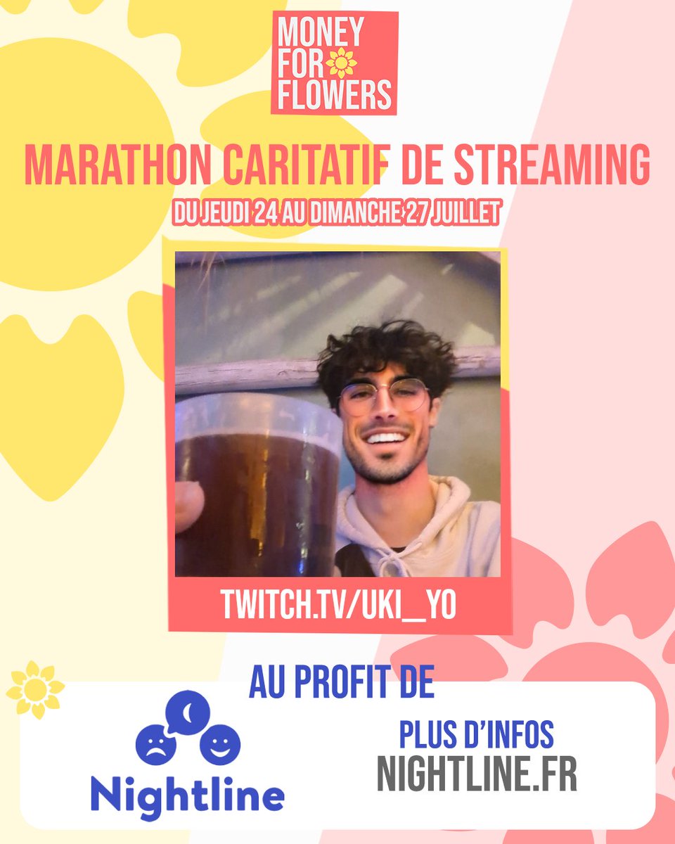 Ivre, il propose à son ami de streamer pour son évènement caritatif... Et il en assume les conséquences.

Je serai en stream tout le week-end dès jeudi soir pour le <a href="/MoneyForFlowers/">Money for Flowers 🌼</a> au profit de l'association <a href="/NightlineFrance/">Nightline France (Compte gelé)</a> !

Vous n'êtes pas prêts... Et moi non plus ‼️