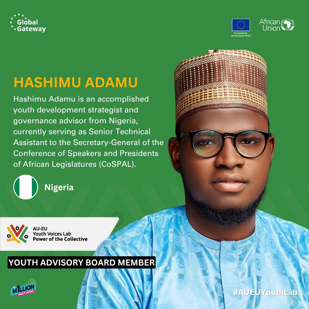 AUEUYouthLab's tweet image. Meet Hashimu Adamu @haashim4youth, an accomplished youth development strategist and governance advisor from Nigeria🇳🇬.
From bold campaigns like #SheVotesToo to advising top legislative leaders, Hashimu is driving youth inclusion in policy where it counts.
As a UNODC Gen…