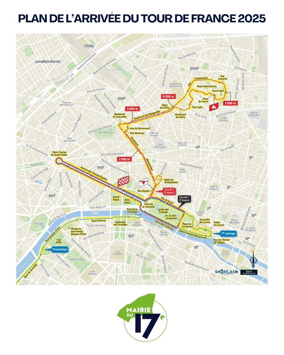Le #TourDeFrance2025 passe à #Paris17 ! 🚲

Dimanche, à partir de 18h15, les coureurs entameront la boucle Montmartre après leur premier passage sur la ligne d’arrivée ! 🏁

Venez les encourager et faites rayonner l’esprit du 17e ! 👏✨

➡️ urlr.me/ERNzke

#Sport