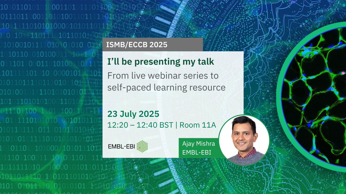 EBItraining's tweet image. Are you attending #ISMBECCB2025? Look out for the EMBL-EBI Training team.
Ajay, Daria, and Pati will showcase their work, representing three aspects of our portfolio: on-demand training, collaborative projects, and community competency-building.
ebi.ac.uk/training/