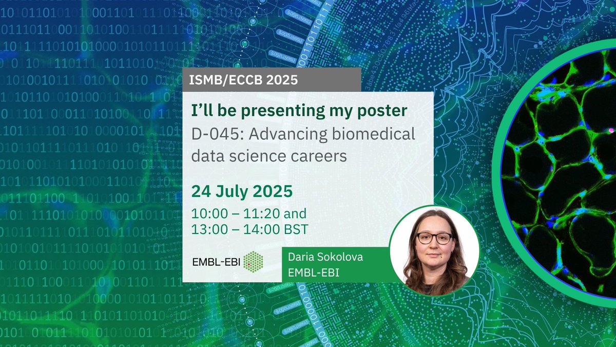 EBItraining's tweet image. Are you attending #ISMBECCB2025? Look out for the EMBL-EBI Training team.
Ajay, Daria, and Pati will showcase their work, representing three aspects of our portfolio: on-demand training, collaborative projects, and community competency-building.
ebi.ac.uk/training/