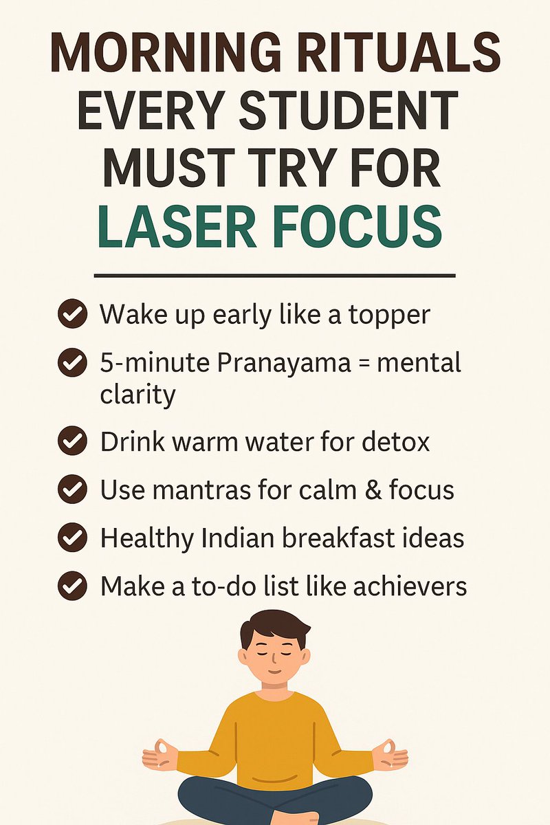 mr_abhi1822's tweet image. 5 Morning Rituals Every Student Should Try!
Boost focus, banaye mind sharp – yeh Indian-style tips sach mein kaam karte hain. Check out this powerful student morning routine 👇
🔗coming soon [hustelwithabhi.in]
Hashtags: #StudentRoutine #FocusTips #MorningHabits