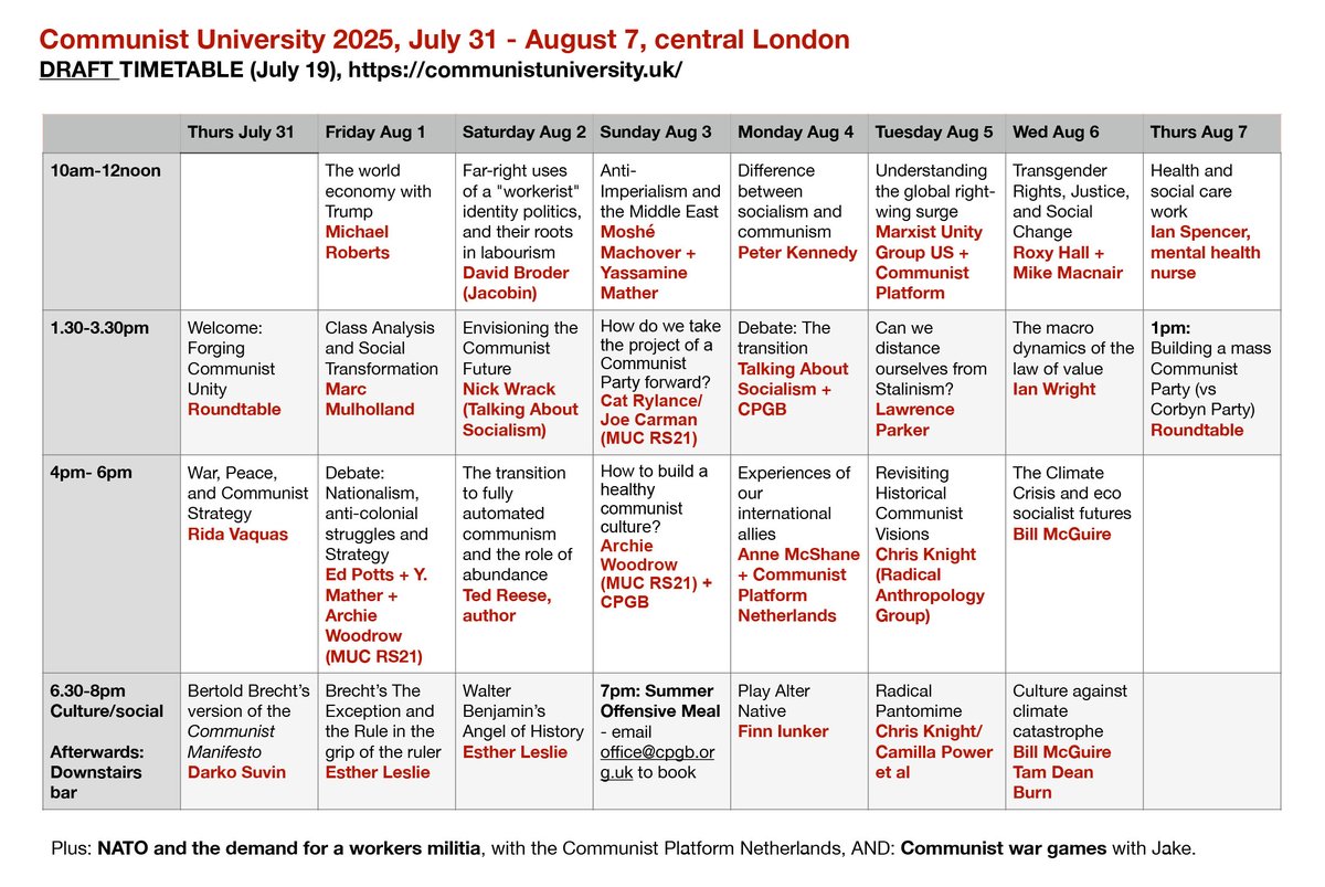 TheCPGB's tweet image. Brilliant programme - come along to Communist University 2025, starting July 31. More details here: communistuniversity.uk
Also via Zoom, register here: bit.ly/CU2025Zoom