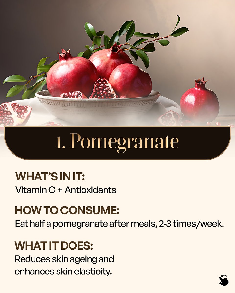 Artofphysique_'s tweet image. Want glowing skin without filters or a 10-step routine?
Start with your local market.
These 6 superfoods are loaded with nutrients that hydrate, heal, and brighten your skin from the inside out 🧵
1. Pomegranate
What’s in it:
Vitamin C and antioxidants