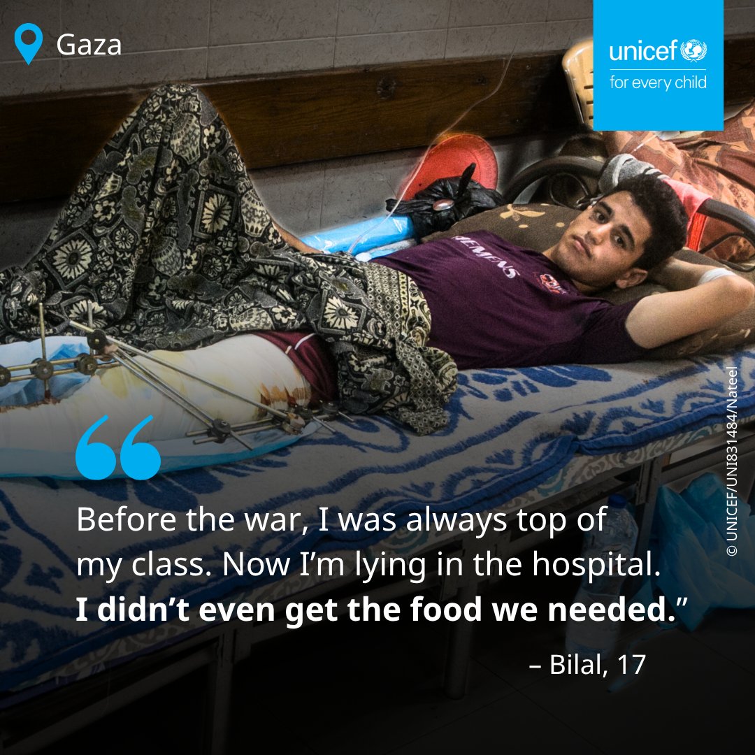myUNICEF's tweet image. 💔 Bilal, 17, walked for hours to find food for his siblings. Instead, he was hit by shelling.
He’s one of many children in Gaza risking everything just to survive.
UNICEF calls for an immediate ceasefire and safe, scaled-up aid access.
🔗unicef.org/malaysia/stori…