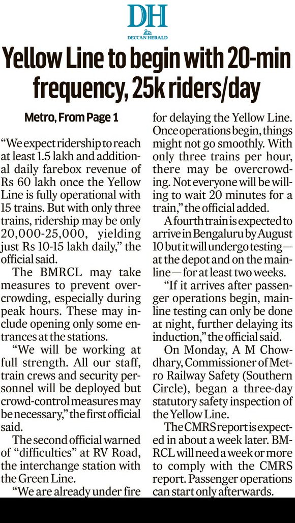 ever_pessimist's tweet image. With 3-train ops & all 16 stations open, what to expect on #BengaluruMetro's #YellowLine?
• 20-min frequency (regardless of peak hrs)
• 5 am to 11 pm ops
• 40 roundtrips
• 25K daily ridership
• Daily fare revenue of ₹10-15L
• Crowd-control measures at RV Road
@WF_Watcher